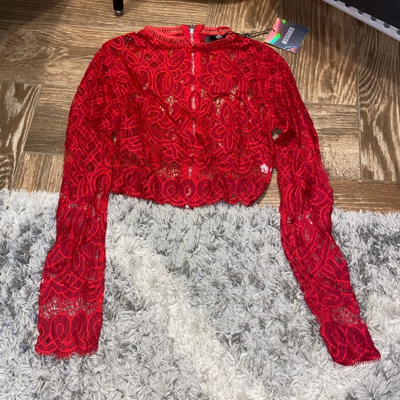 Missguided Tops - High Neck Patterned Lace Crop Top